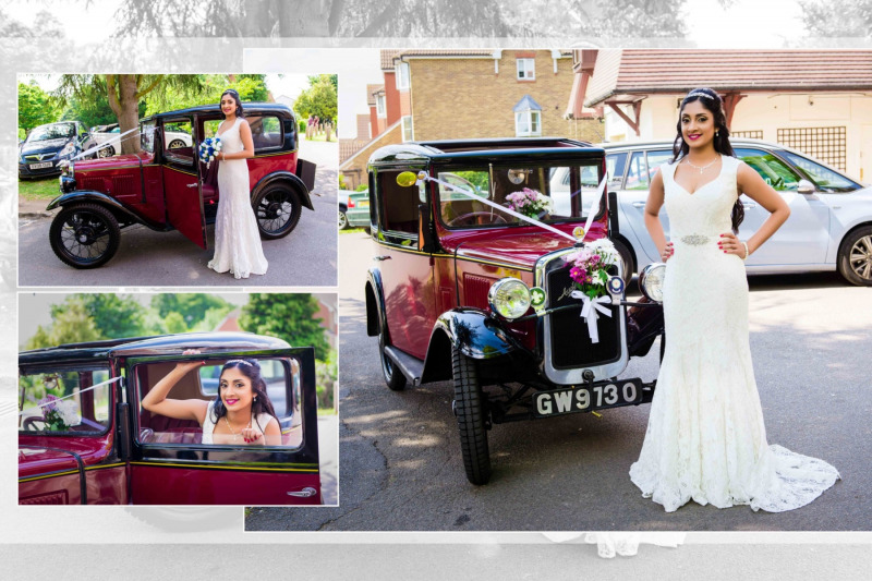 A bride is posing next to a vintage car tamil wedding photography