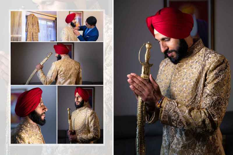 A man in traditional Indian attire with a red turban and ornate sherwani holds a ceremonial sword, performing a prayer gesture before a special occasion.