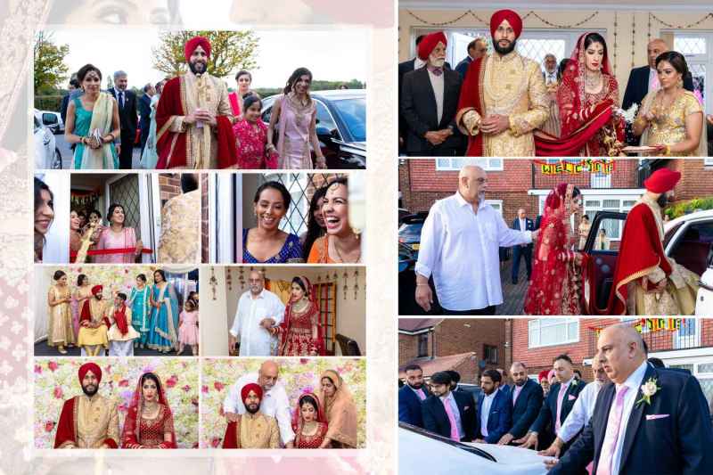 A collage of a traditional wedding ceremony featuring a couple in red and gold attire, surrounded by family and friends celebrating the occasion with joy and festive attire.