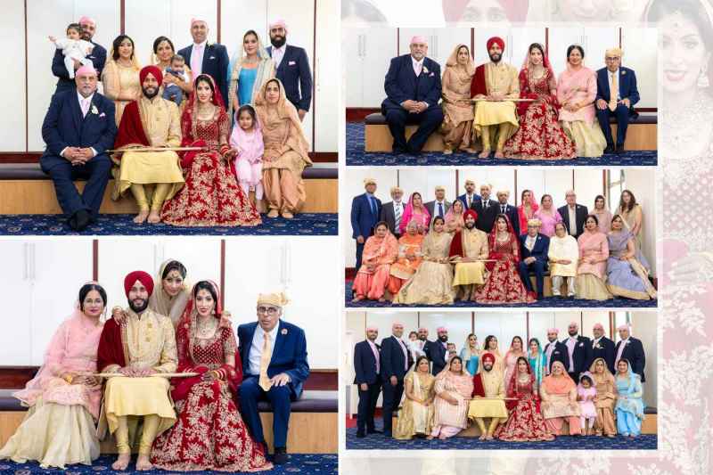 Group photo of a couple dressed in traditional wedding attire, surrounded by family and friends wearing formal outfits. Indian wedding, family portrait, traditional attire.