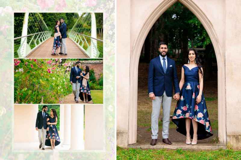 Collage of a couple in elegant attire, posing in various picturesque outdoor locations, including a bridge, garden, and under an archway.