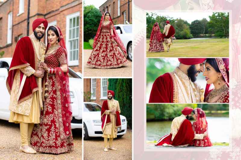 Collage of an couple in traditional wedding attire, featuring ornate red and gold outfits, set against an elegant outdoor backdrop with greenery and classic architecture.