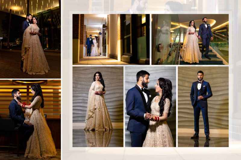 Wedding couple portraits, elegant attire, Indian wedding, bride in traditional lehenga, groom in suit, wedding photography, indoor and outdoor settings.