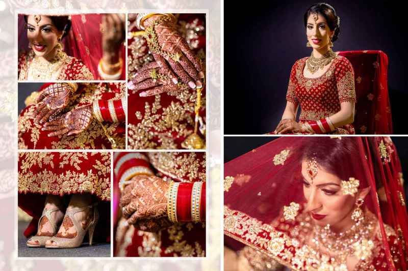 Collage of a bride in a red and gold embellished lehenga with intricate henna designs on her hands, showcasing traditional jewelry and bridal accessories.