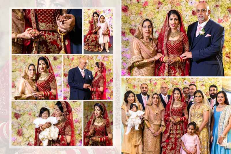 Bride in traditional red attire, surrounded by family members, floral backdrop, colorful traditional dresses, festive occasion.