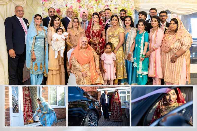 A group of family members in traditional attire posing at a wedding celebration, featuring a bride in a red and gold outfit. Below, scenes from the wedding include cultural rituals at a doorstep, the bride and a family member near a car, and the bride smiling inside the vehicle.