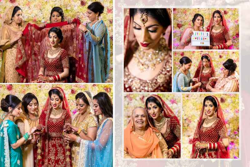 A bride in a red and gold traditional outfit is surrounded by family and friends during her wedding preparations, showcasing intricate jewelry and a floral backdrop.