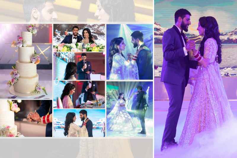 Collage of vibrant Indian wedding scenes, featuring a couple dancing in elegant attire, a tiered wedding cake adorned with flowers, and moments from a reception, including a speech and cake-cutting ceremony.