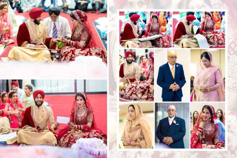Wedding ceremony with the bride and groom in traditional red and gold attire, surrounded by family and guests, as they perform rituals and exchange vows.
