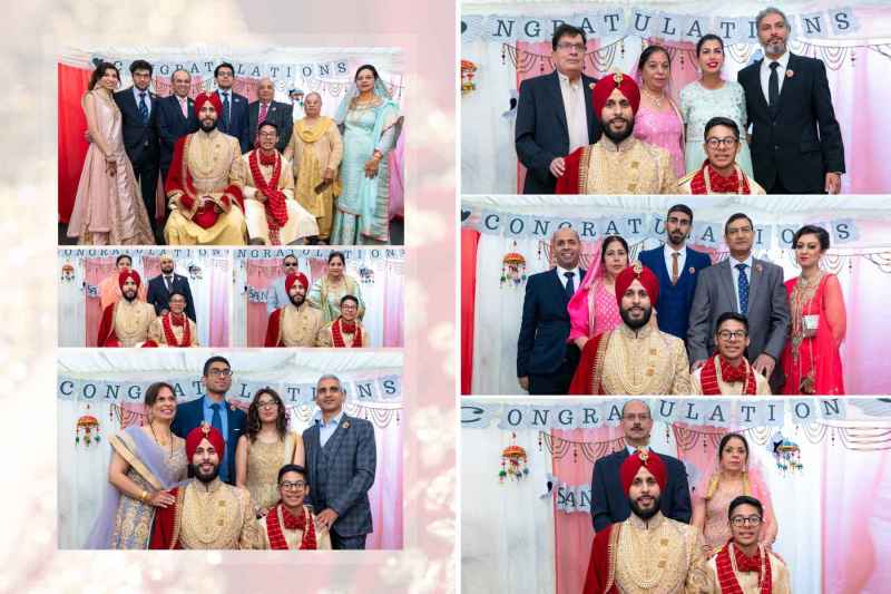 Group photos at a festive event with guests dressed in elegant traditional attire, posing with a seated groom in a red and gold outfit. The backdrop features celebratory decorations and a "Congratulations" banner.