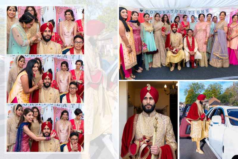 A groom dressed in traditional attire with ornate embroidery and a red turban, surrounded by family and friends celebrating a wedding ceremony.