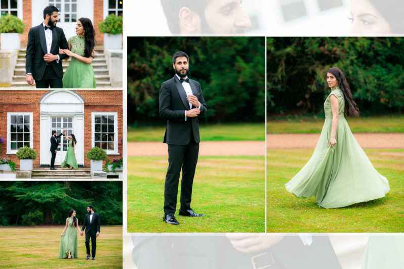 A collage of a couple in formal attire; woman in a flowing green dress and man in a black tuxedo, surrounded by greenery and a brick building with large windows.