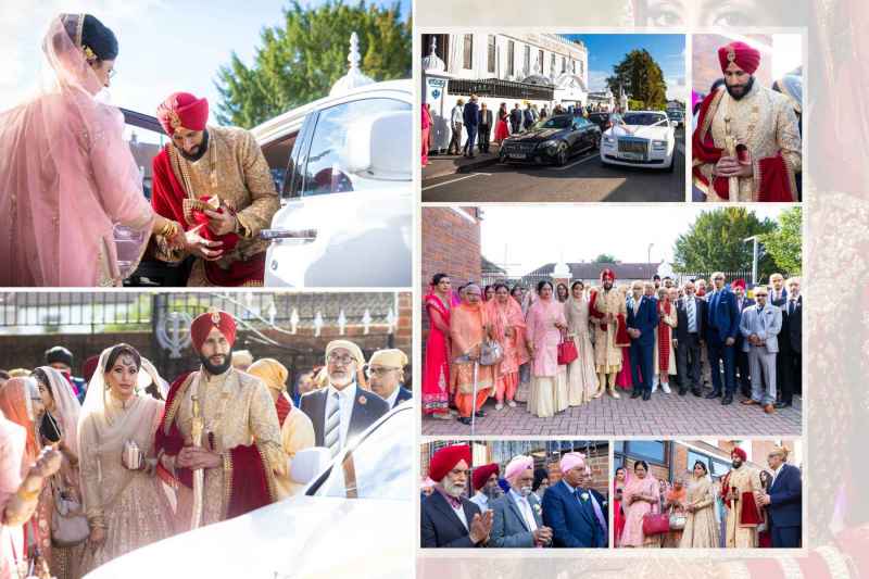 A collage of a traditional wedding ceremony with a groom in a red turban and gold attire alongside family members, luxury cars parked outside the wedding venue, and guests dressed in traditional attire.
