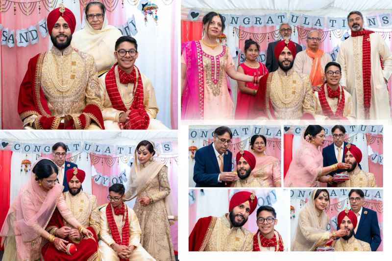 Family celebration, traditional Indian attire, joyful moments, cultural event, bride and groom, family portraits.