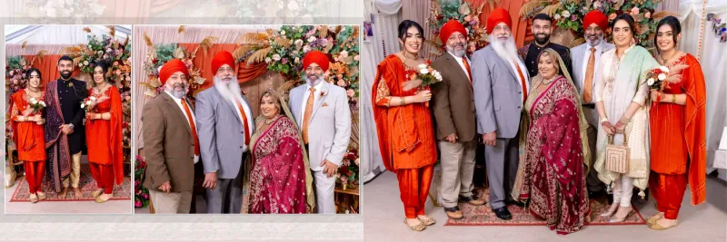 Sikh wedding family photograph with the Bride.