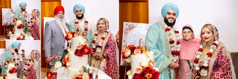 Sikh wedding couple wearing garlands in the Gurdwara.