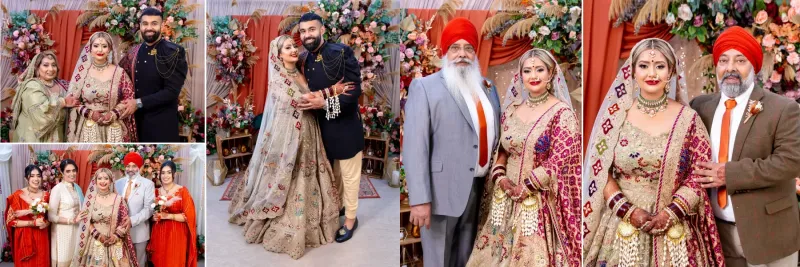 Sikh bridal standing with her brother, father and other family members.