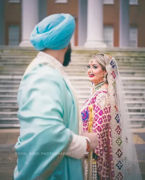 Sikh bridal looking at the Groom.