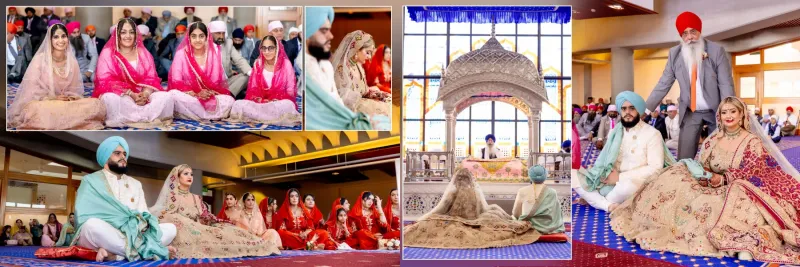 Sikh wedding couple at Gurdwara doing traditional rituals.