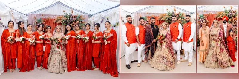 sikh bridal standing with a group of girls wearing red dress and a group of men wearing orange and white dress.