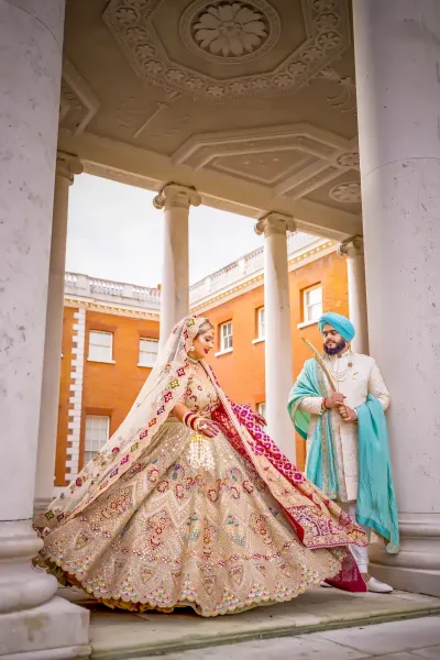 Elegant Indian Wedding Couple at a Grand Outdoor Venue