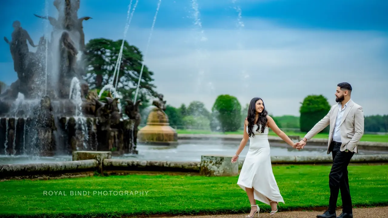 Indian Couple Pre-Wedding Photoshoot near a Fountain