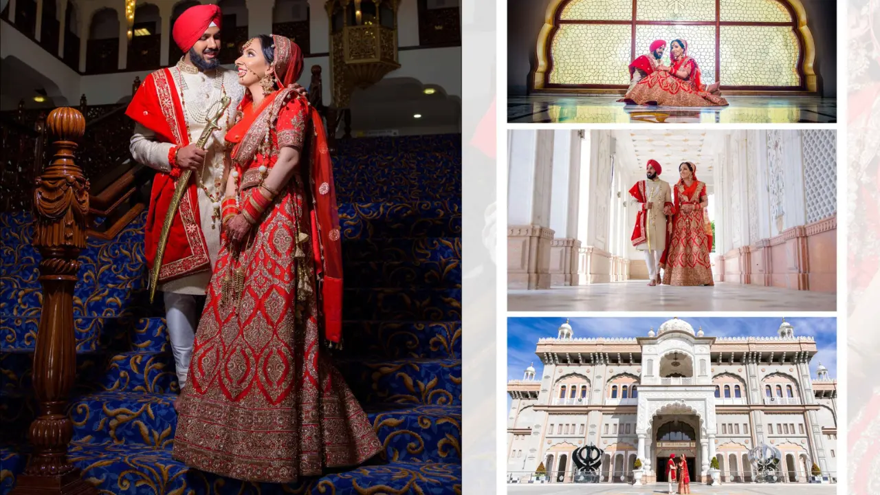 A Sikh couple celebrating their wedding at Sri Guru Nanak Darbar Gurdwara, featuring traditional attire and the stunning Gurdwara backdrop, with highlights of the ceremony and architectural beauty.