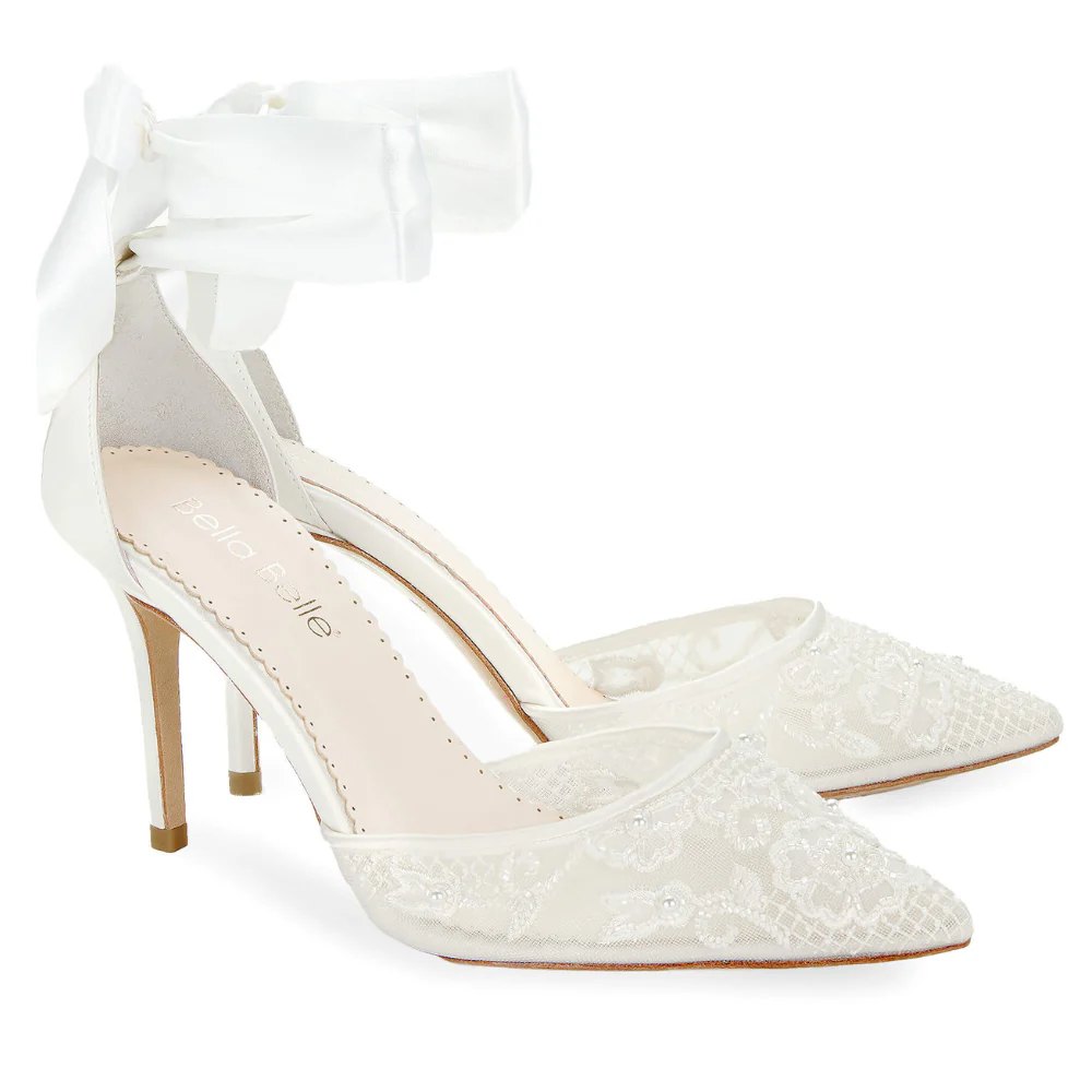 Ankle wrap lace ivory wedding shoes with pearls