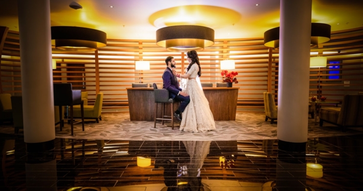 Asian wedding couple photography in hotel's lobby