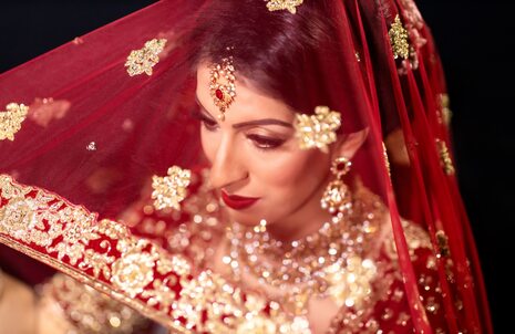 Trending Pose of Bride in Red Dress Indian Asian Weddings Photography