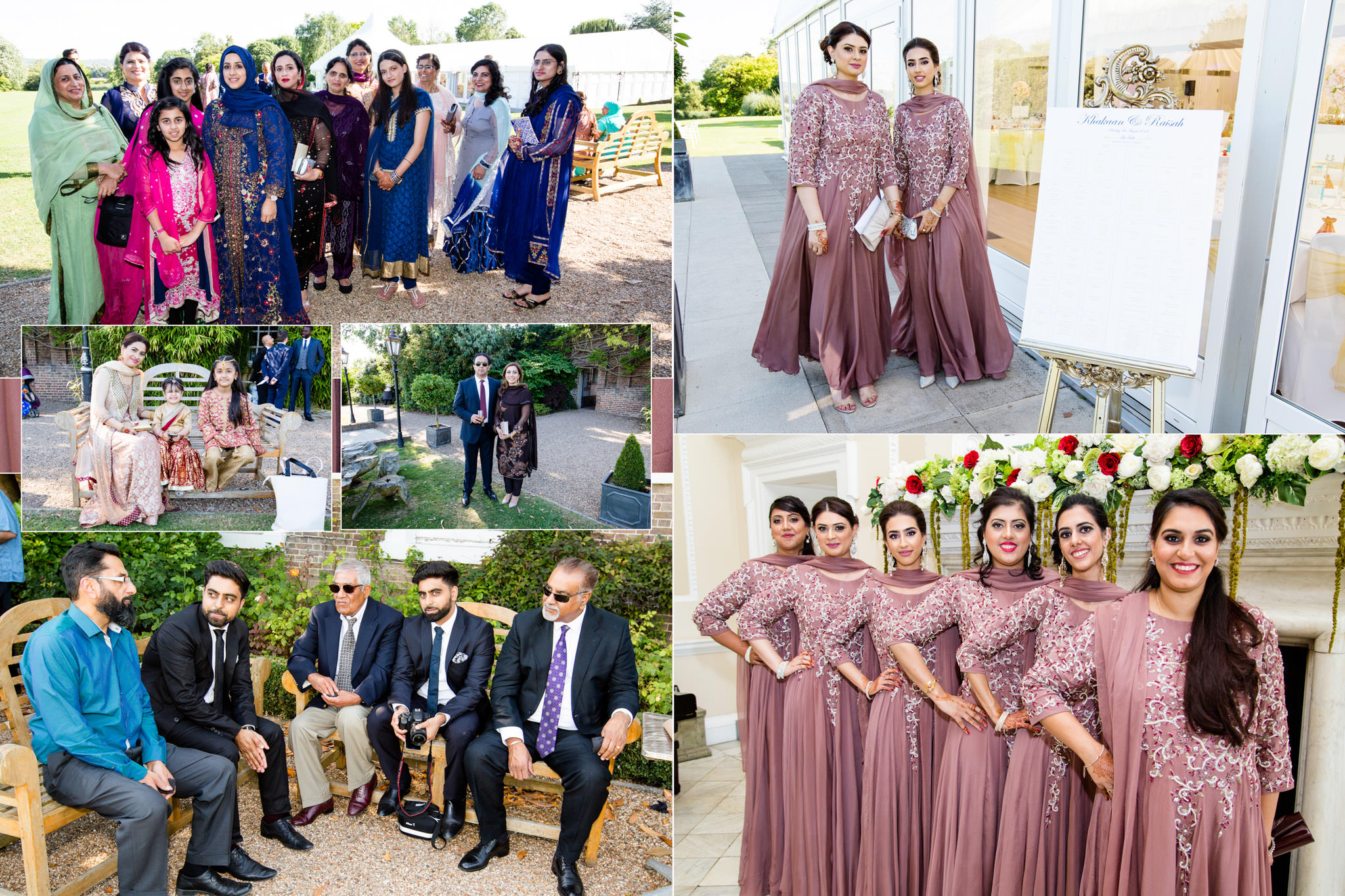 Group of women and men at an outdoor and indoor Asian wedding, showcasing traditional and modern guest outfits.