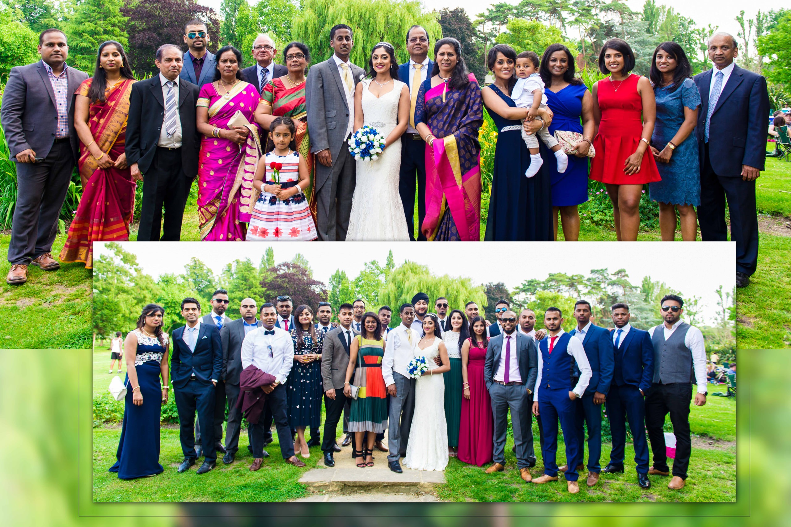 Group photo of wedding guests, including family members in traditional sarees and friends in formal attire, surrounding the bride and groom outdoors.