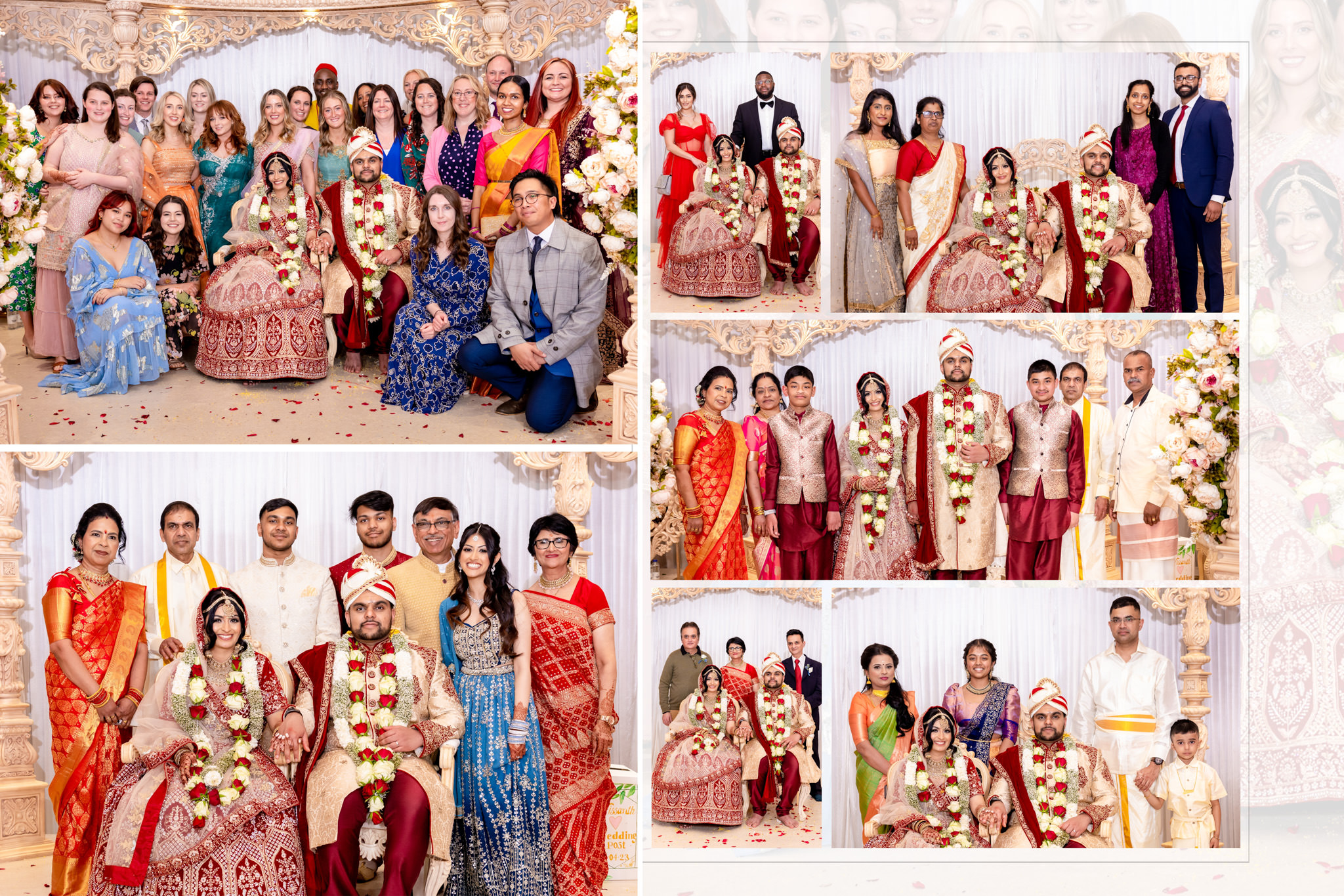 Bride and groom in traditional Indian attire with family and friends posing during a wedding ceremony, showcasing sarees, lehengas, and sherwanis.