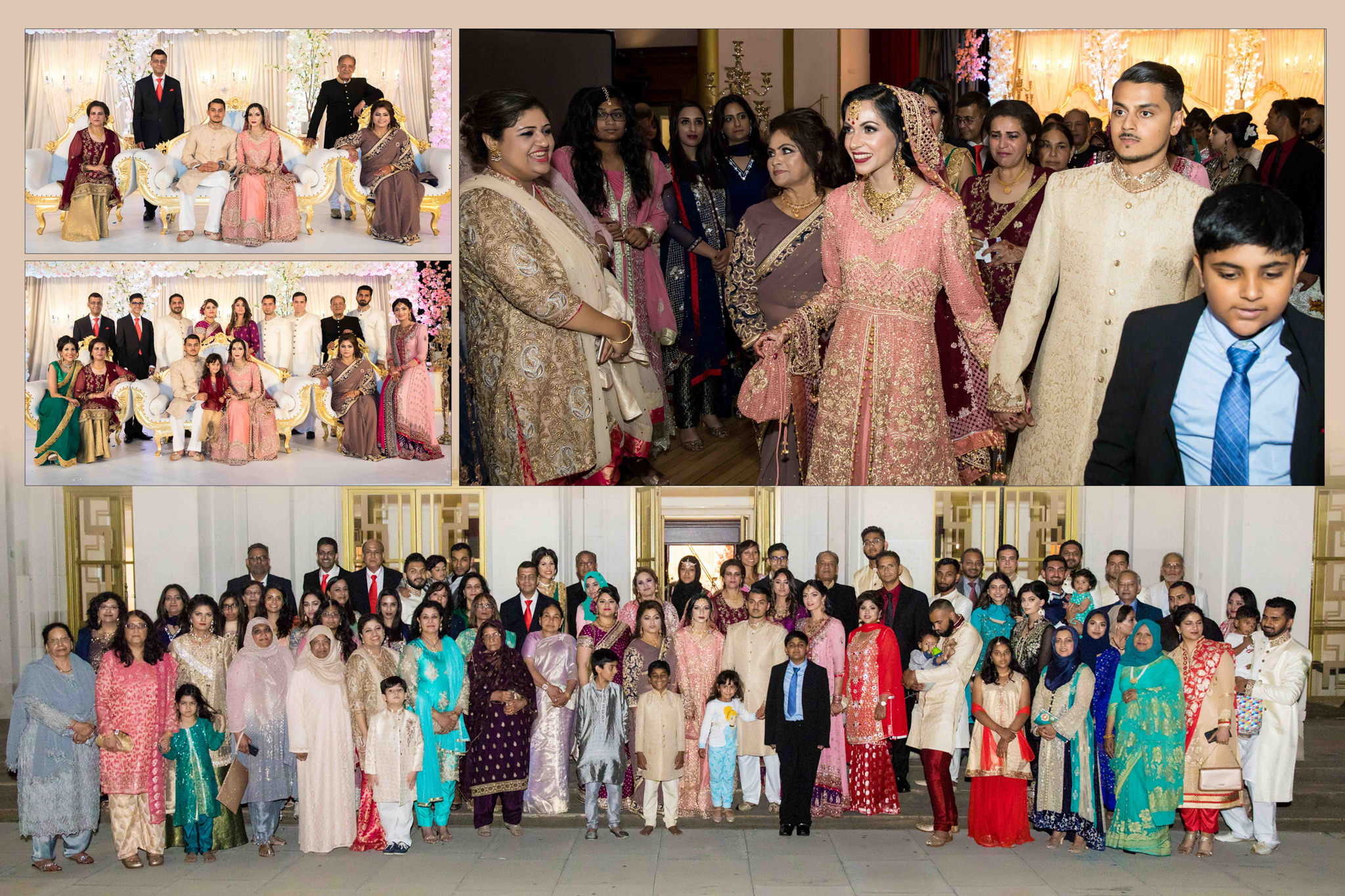 Group photos from an Asian wedding, featuring the bride and groom with family and friends.