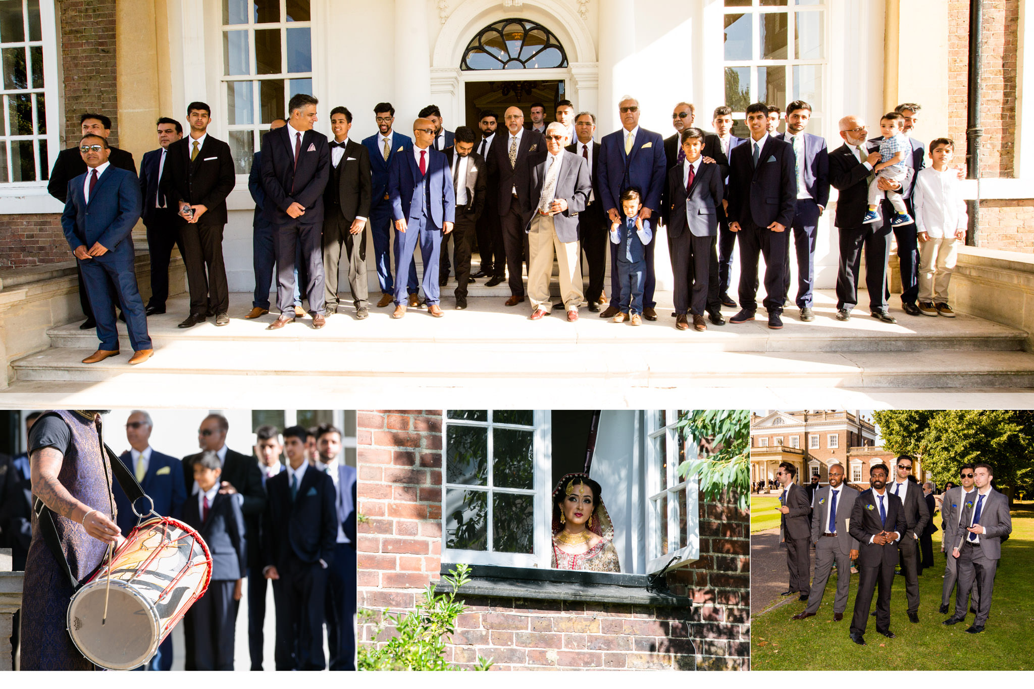 Group of groomsmen posing outside a venue with the bride looking out from a window.