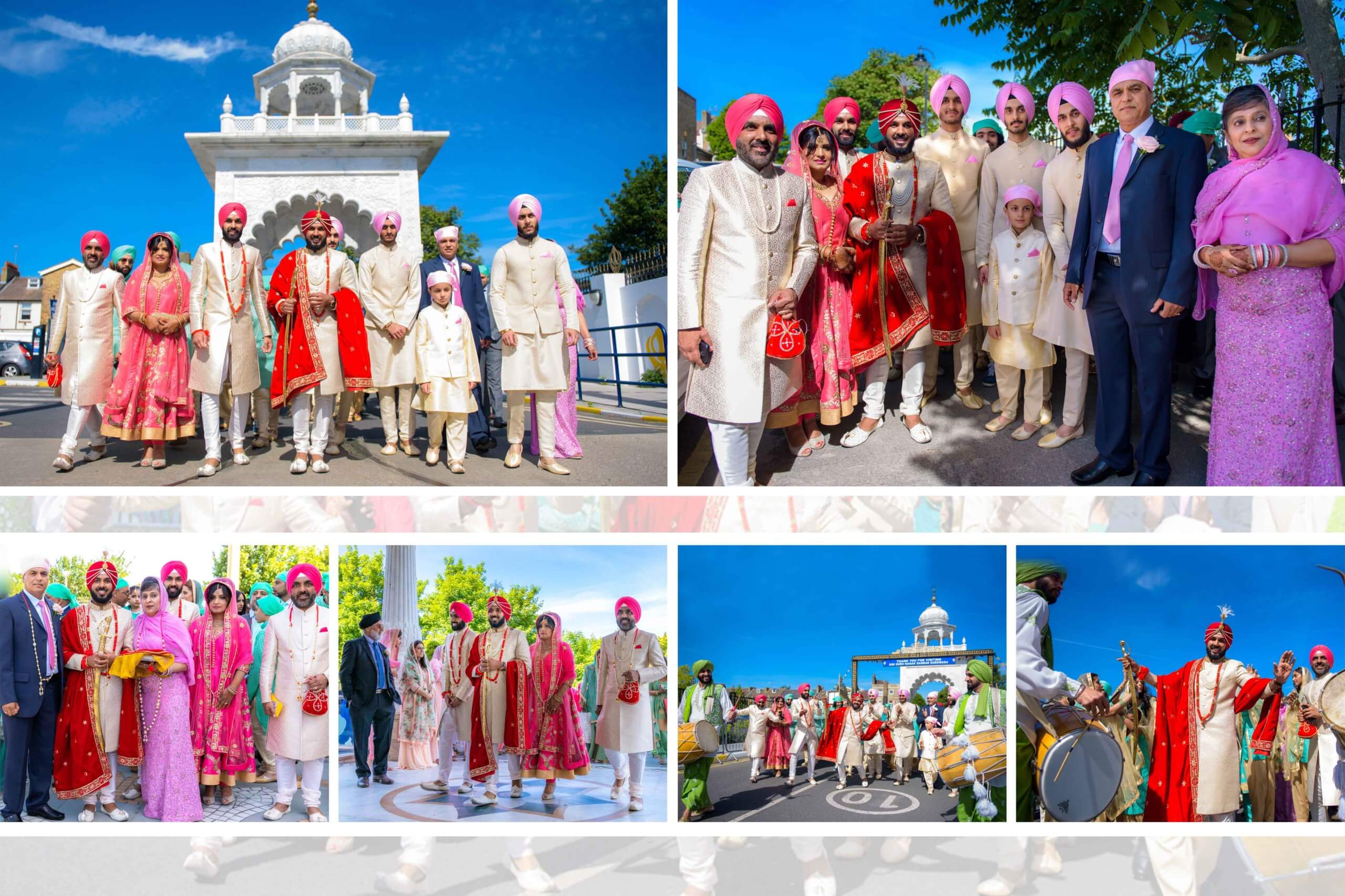 Group of people dressed in traditional Sikh wedding attire, gathered outside a temple on a sunny day, with men in beige and pink turbans and the groom wearing a red outfit.