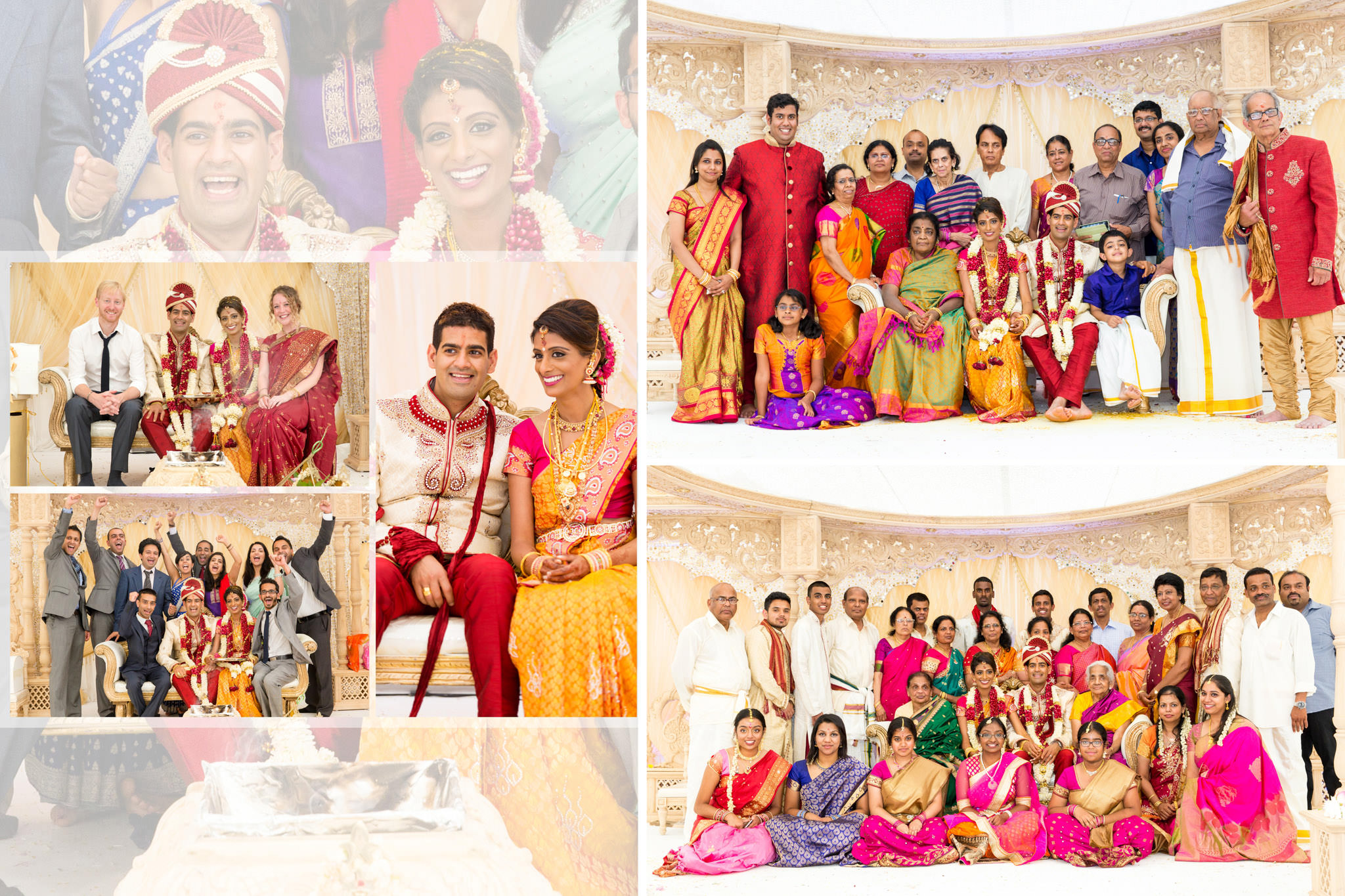 A large family gathering at a traditional Indian wedding, with the bride and groom in vibrant attire, surrounded by family members dressed in colorful sarees and traditional outfits.