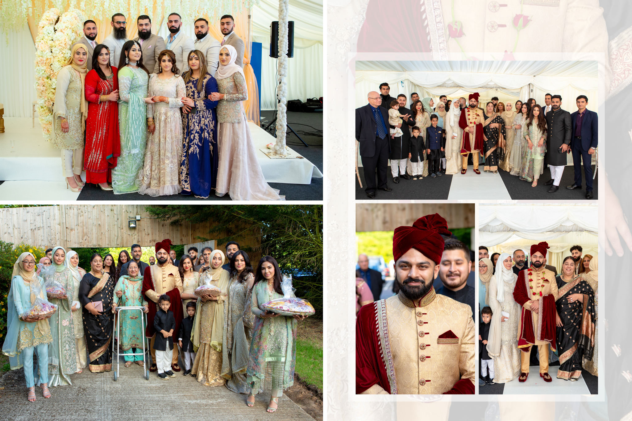 A family gathering at a traditional Pakistani wedding, with the groom in a beige and red sherwani, surrounded by family members dressed in elegant, colorful outfits, including women in hijabs and ornate dresses.