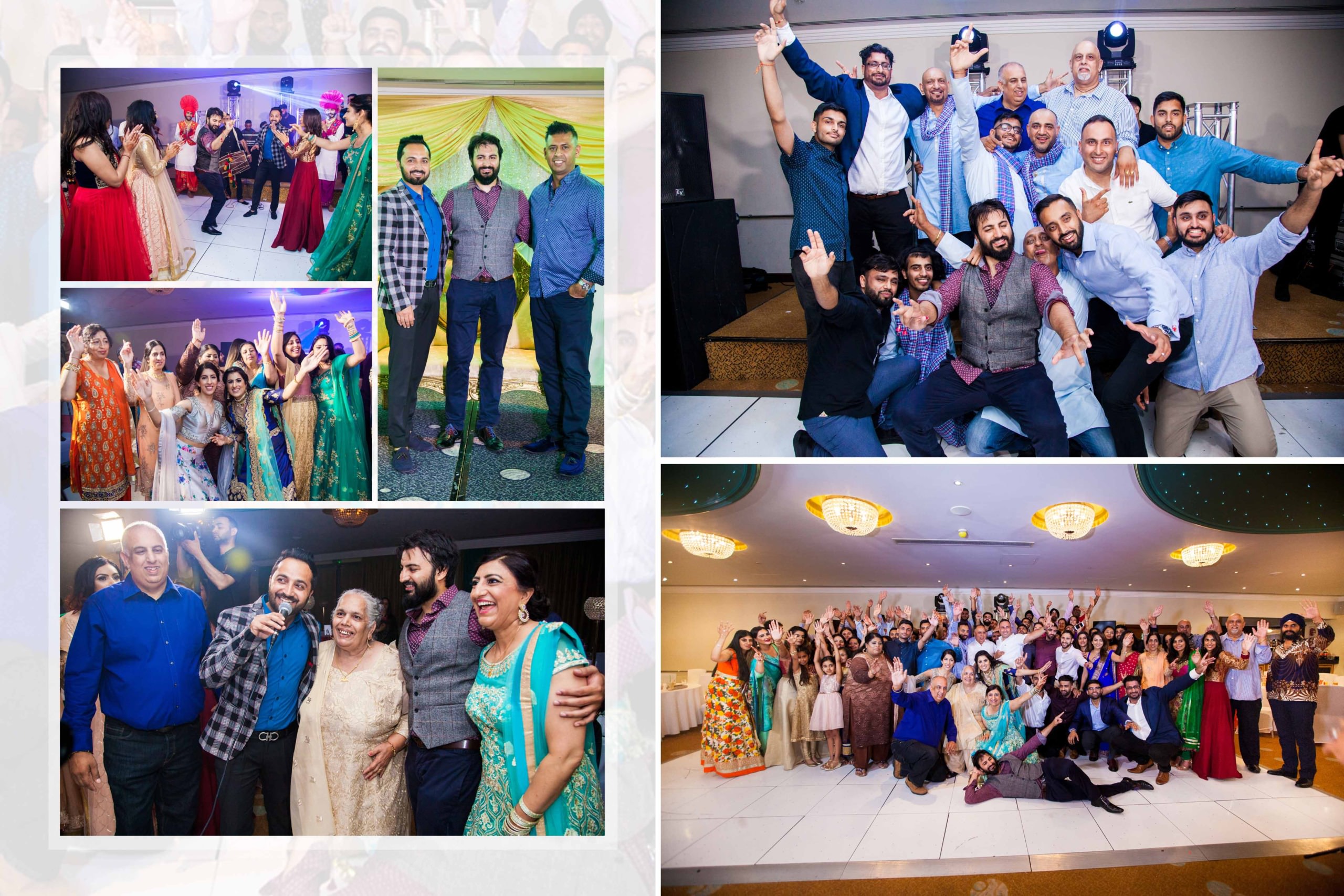 Guests in colorful traditional outfits enjoying a vibrant Sikh wedding reception.