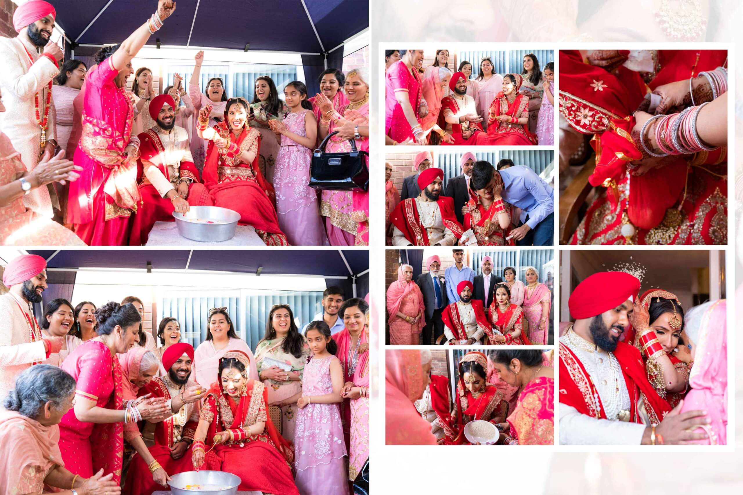 Joyful moments of a Sikh wedding with the bride and groom surrounded by family, engaging in traditional rituals.