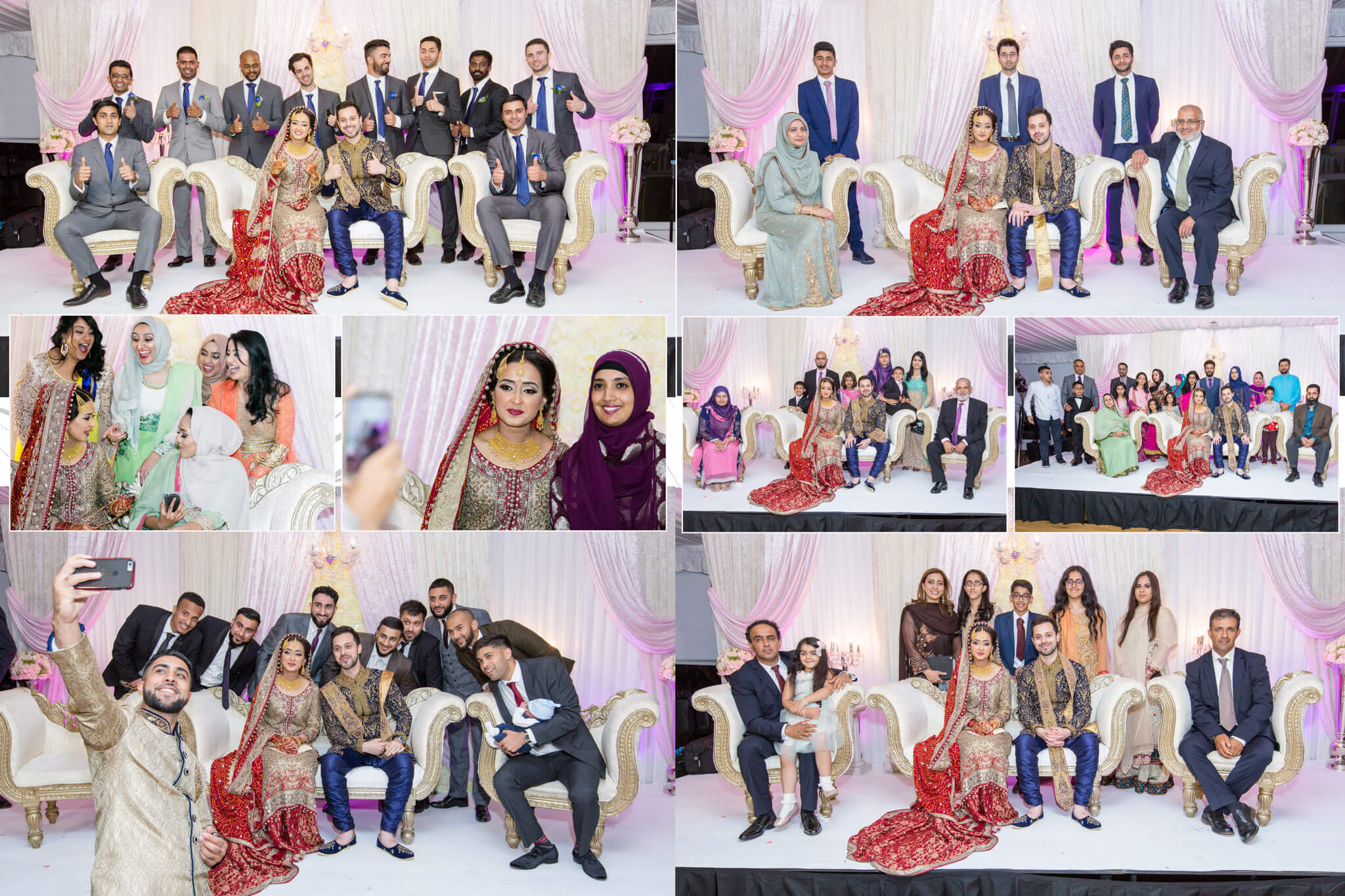 Collage of photos from an Muslim wedding in the UK, showing bride, groom, family, and friends in traditional attire and festive settings