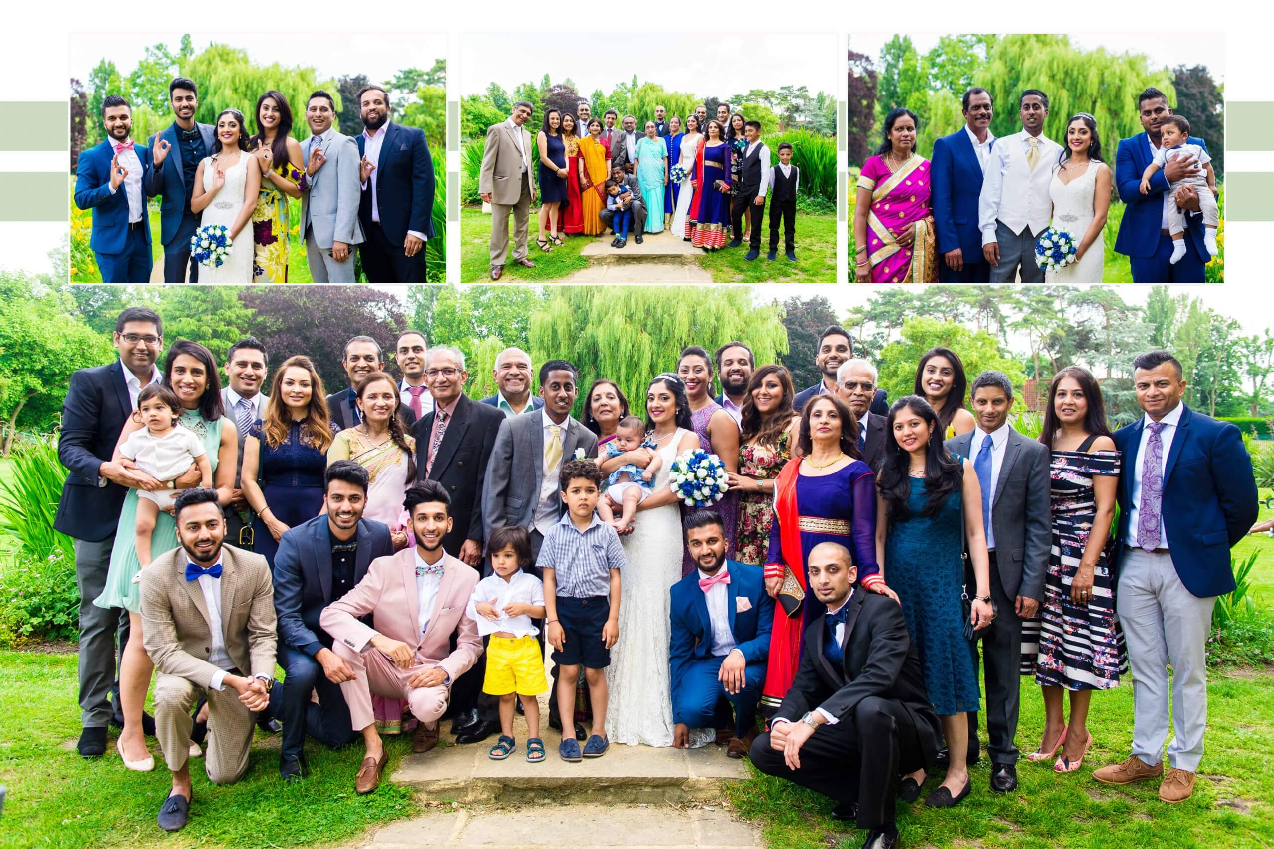 A large family group celebrating at an outdoor wedding, dressed in vibrant outfits, gathered together for a joyful portrait in a lush garden setting.