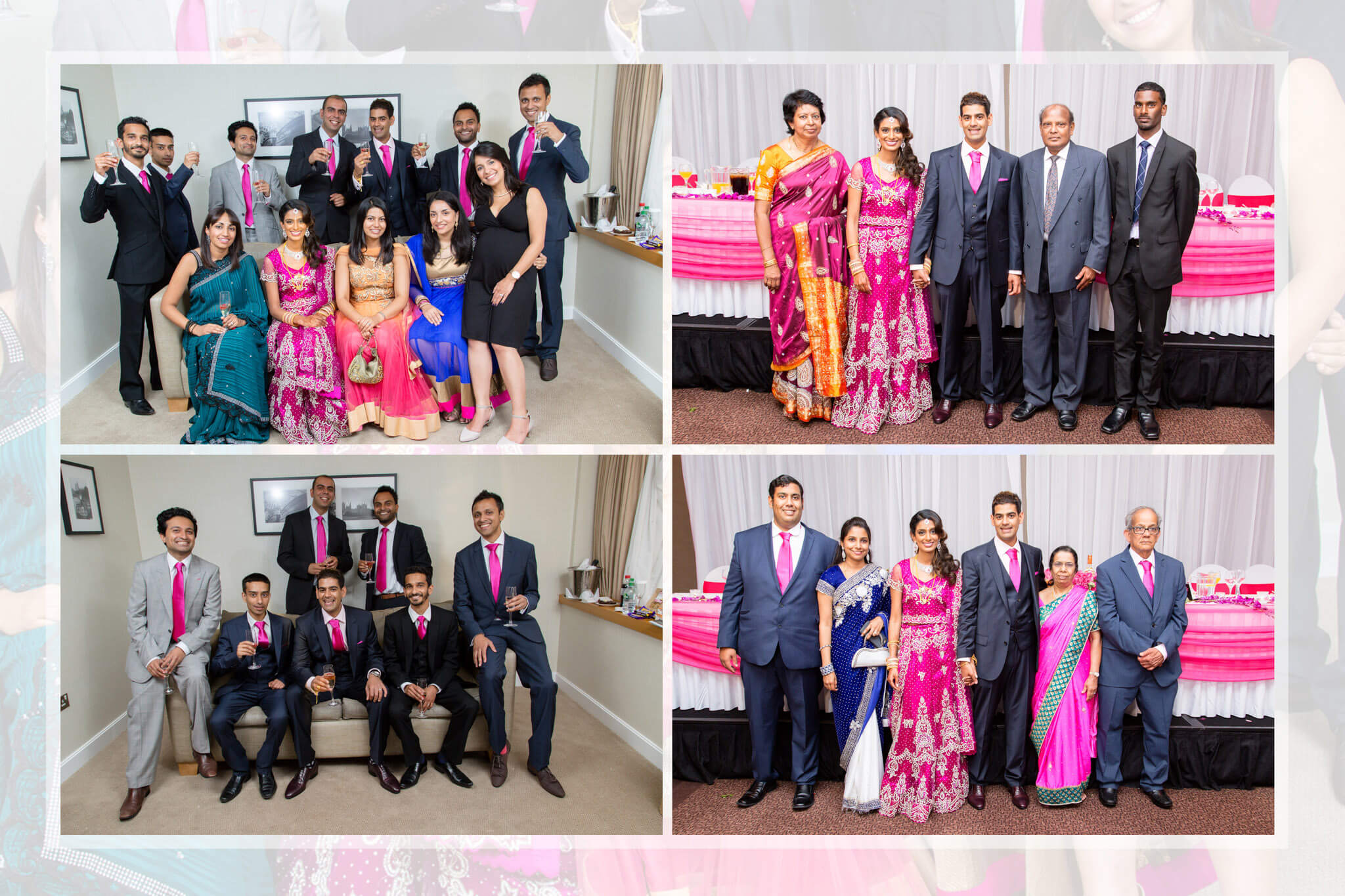 Group and family photos at an Asian wedding with guests in traditional and formal attire.