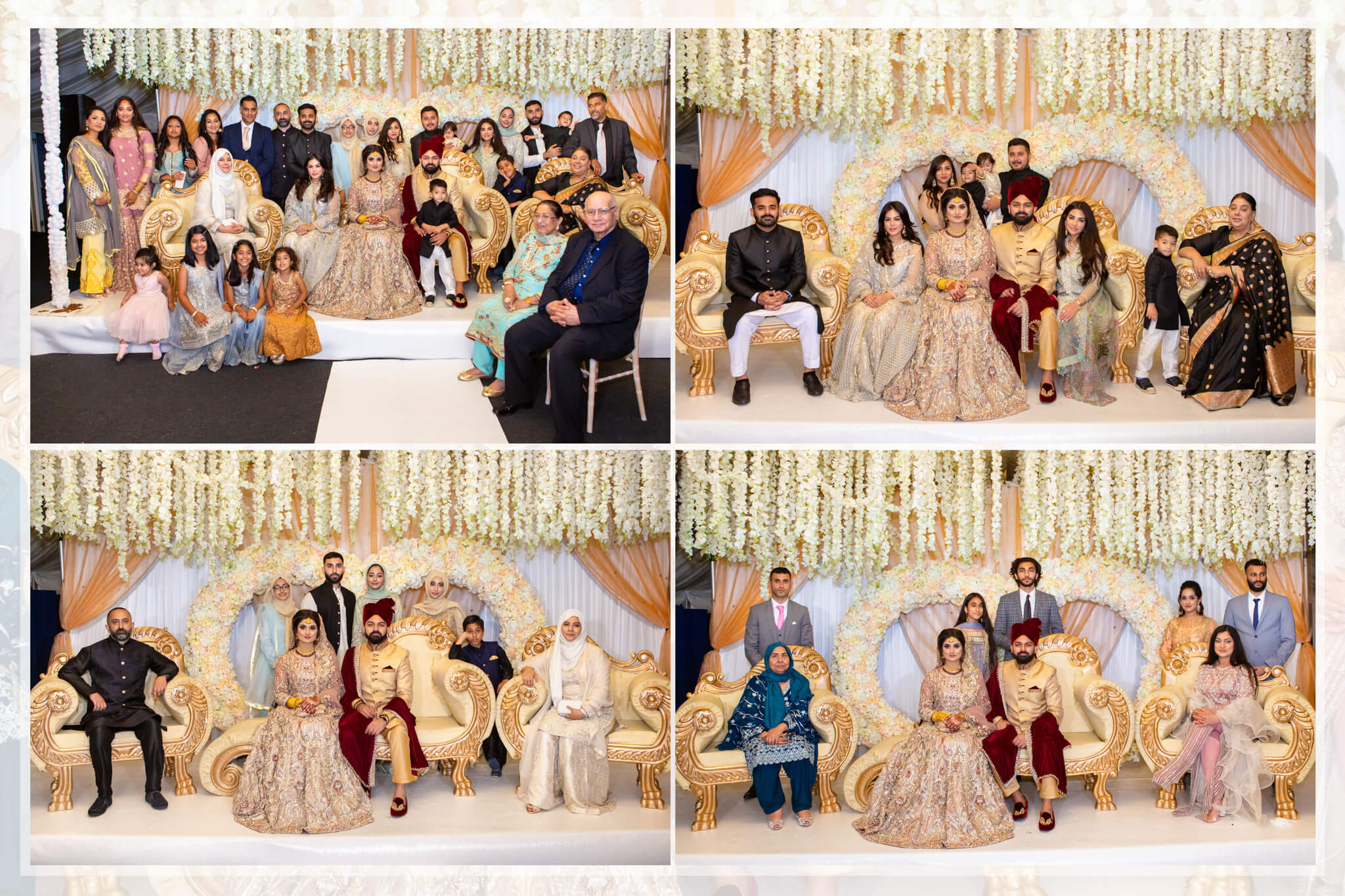 Various family groups posing with the bride and groom on stage at a wedding.