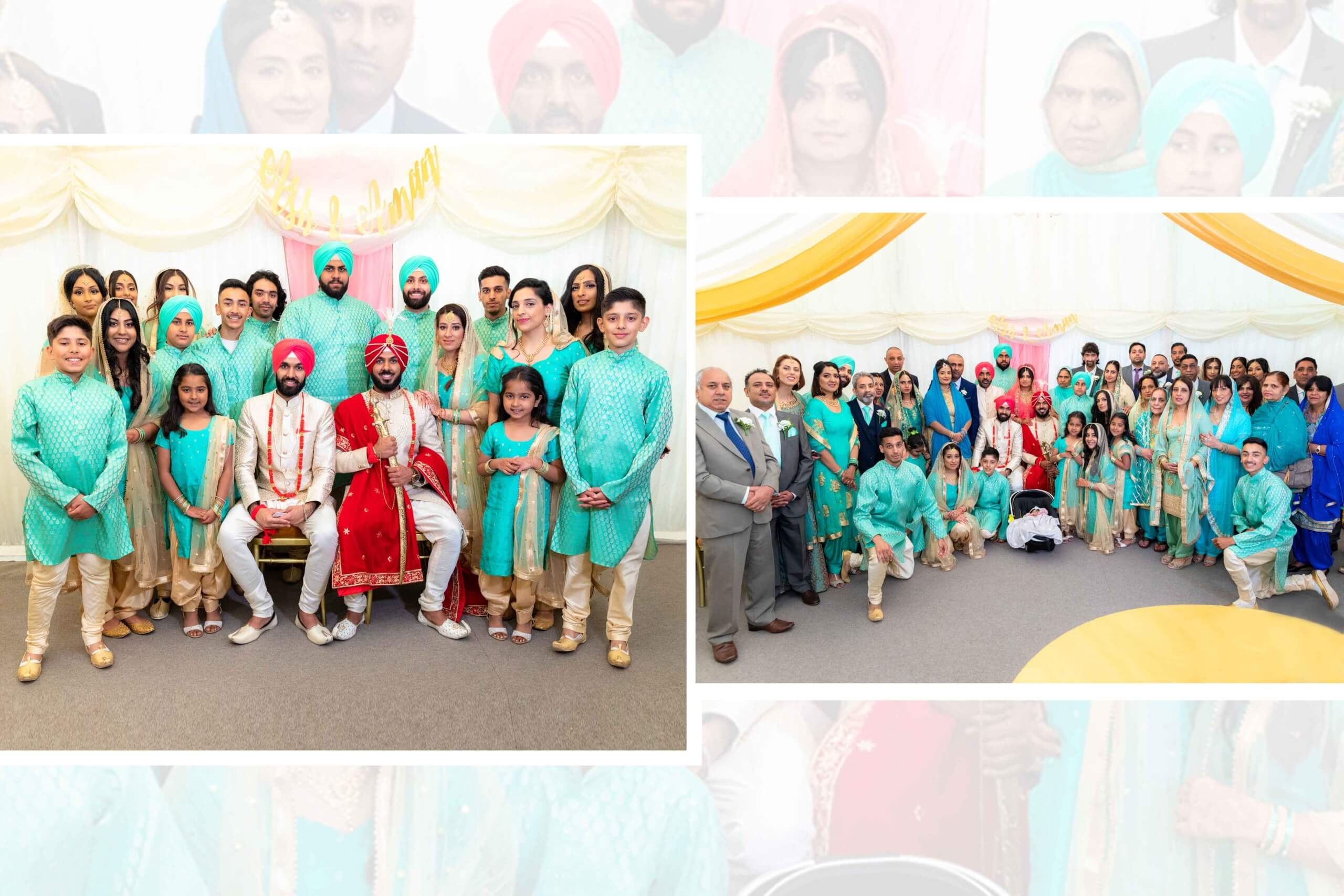 Two group photos from a Sikh wedding, featuring the couple and family members in traditional attire, predominantly turquoise and red