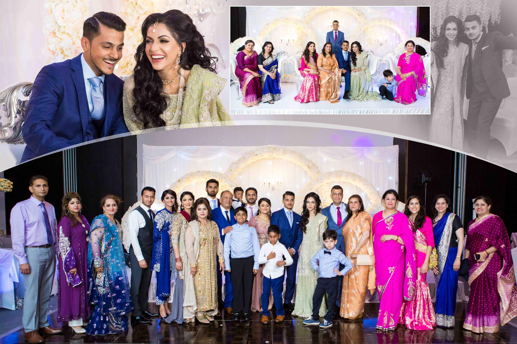 Collage of Indian wedding photos showing bride, groom, family groups, and decorations