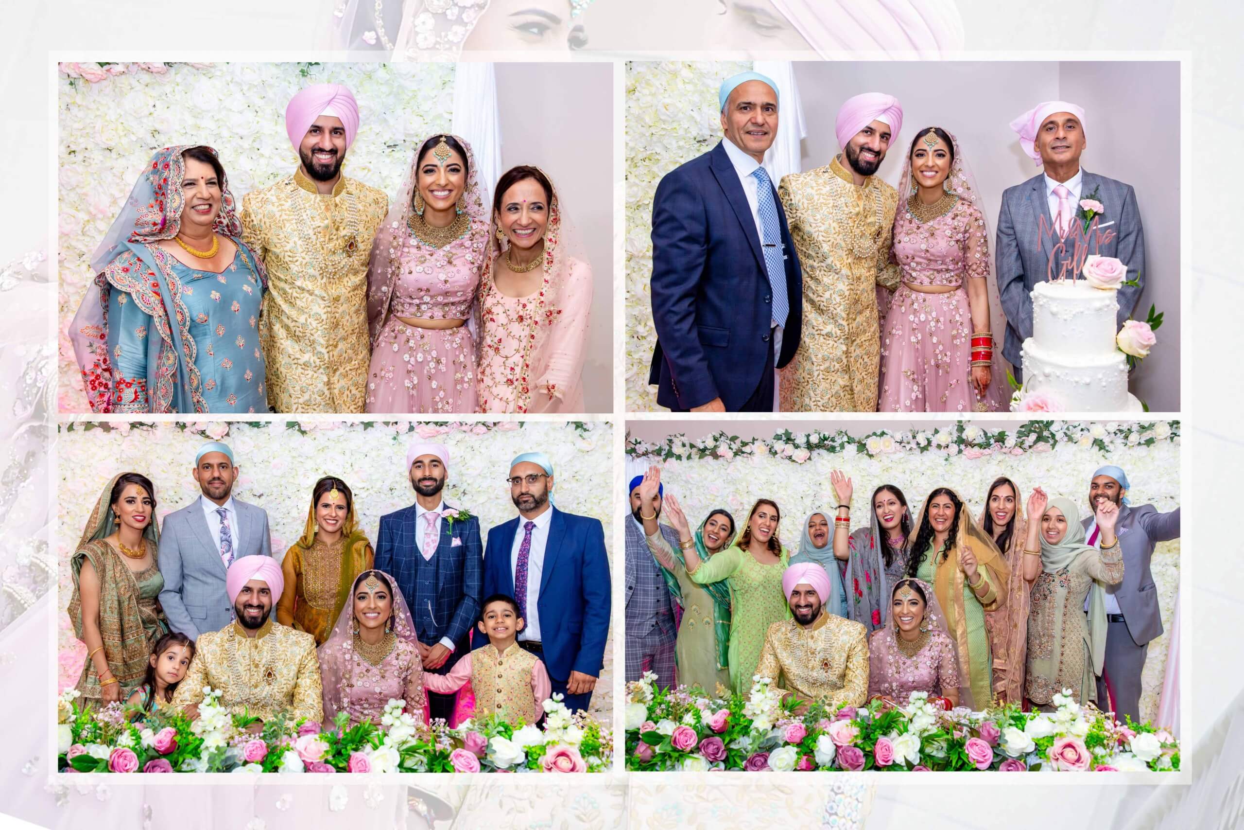 Happy family members posing with the bride and groom at an Asian wedding, featuring colorful traditional outfits and a beautiful floral backdrop.