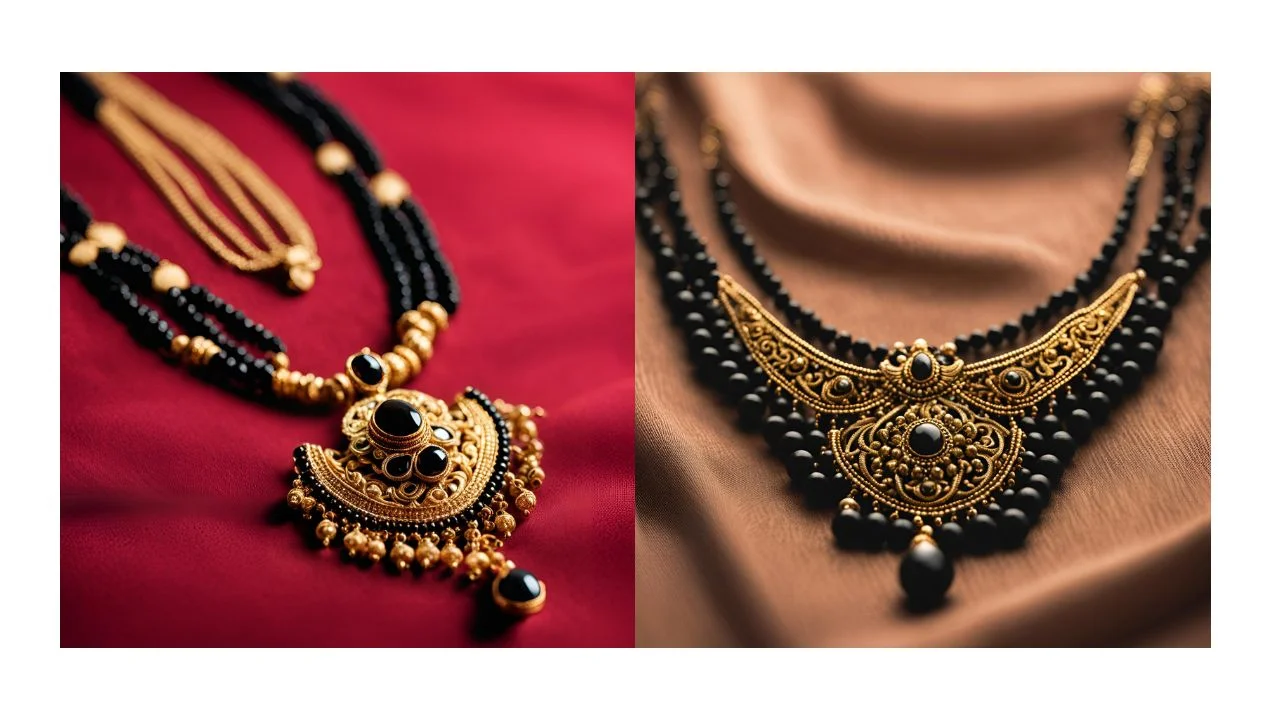 Gold plated mangalsutra set with American diamonds and black beads.