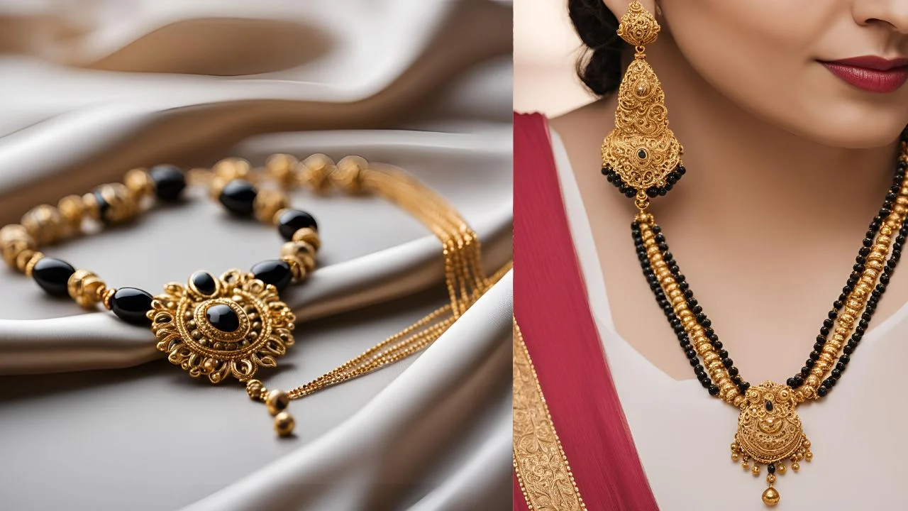 A close-up of a gold mangalsutra with black beads, worn with matching earrings