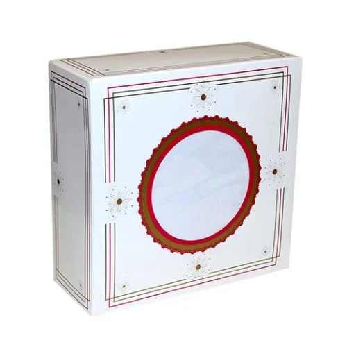 A white cardboard box with a red and gold circular design in the center.